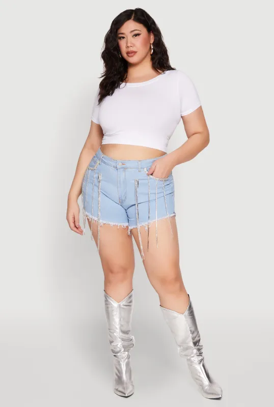 Plus Size Daisy Rhinestone Trim Fringe Denim Shorts sold by Rainbow