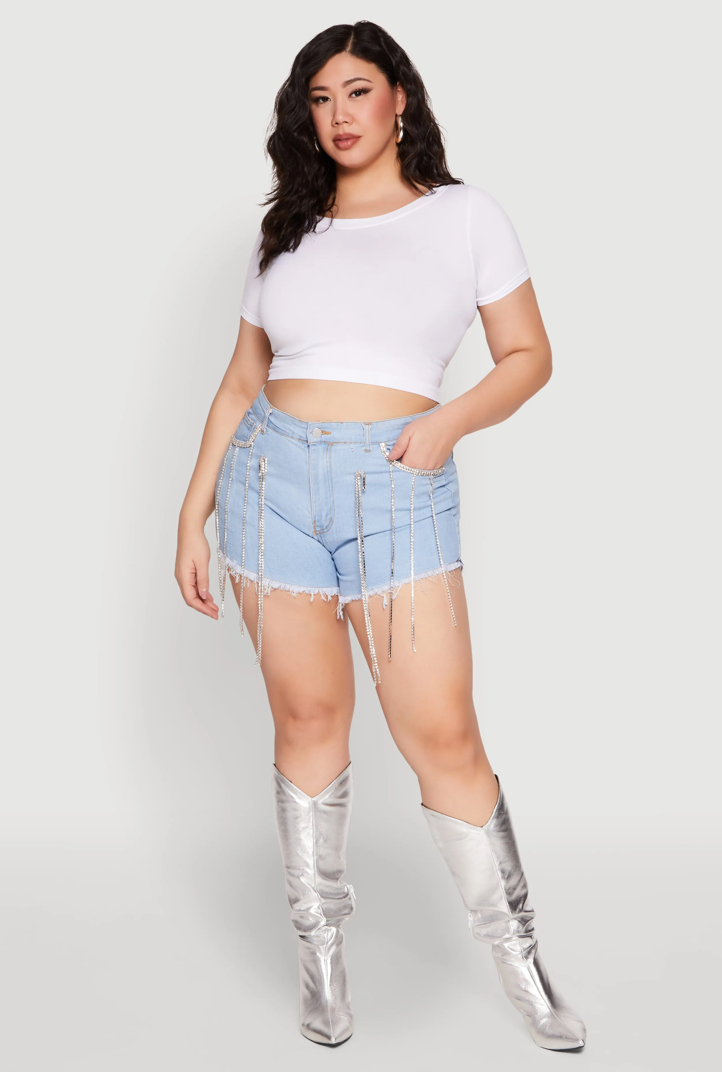 Plus Size Daisy Rhinestone Trim Fringe Denim Shorts sold by Rainbow
