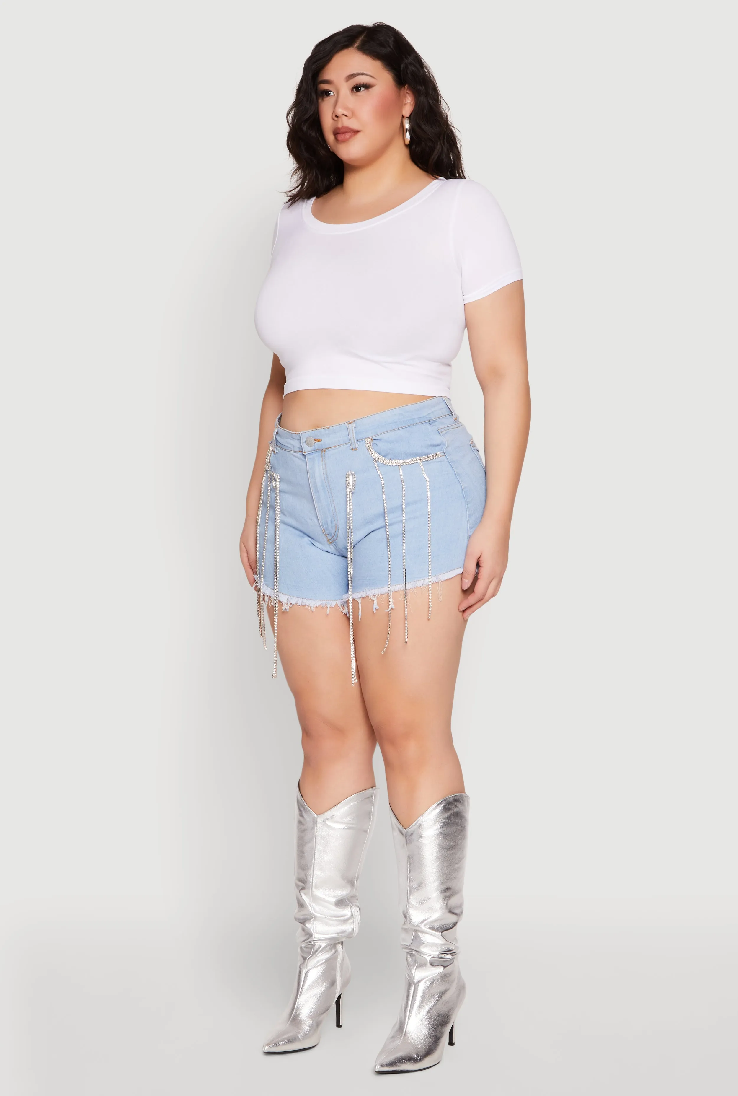 Plus Size Daisy Rhinestone Trim Fringe Denim Shorts sold by Rainbow product image thumbnail 3