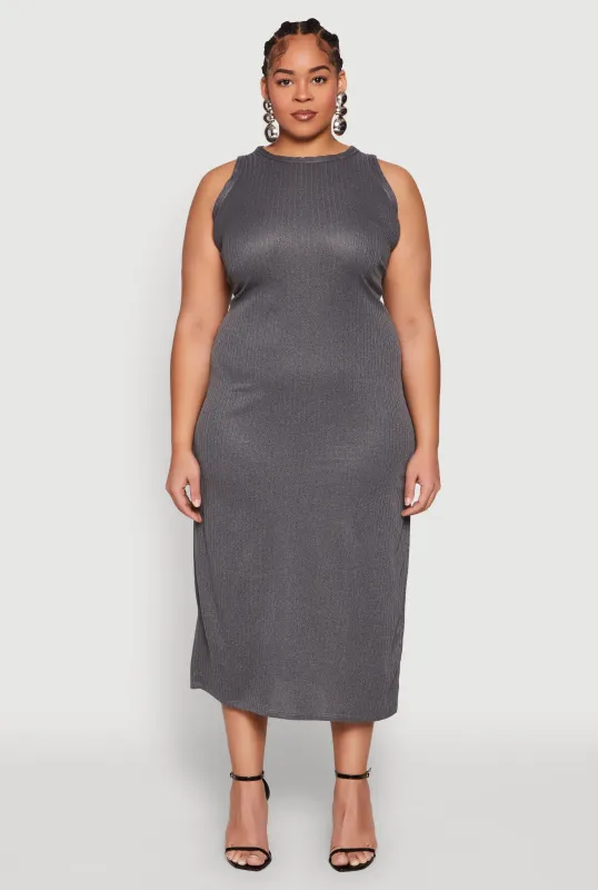 Plus Size Ribbed Knit Side Slit Maxi Tank Dress sold by Rainbow