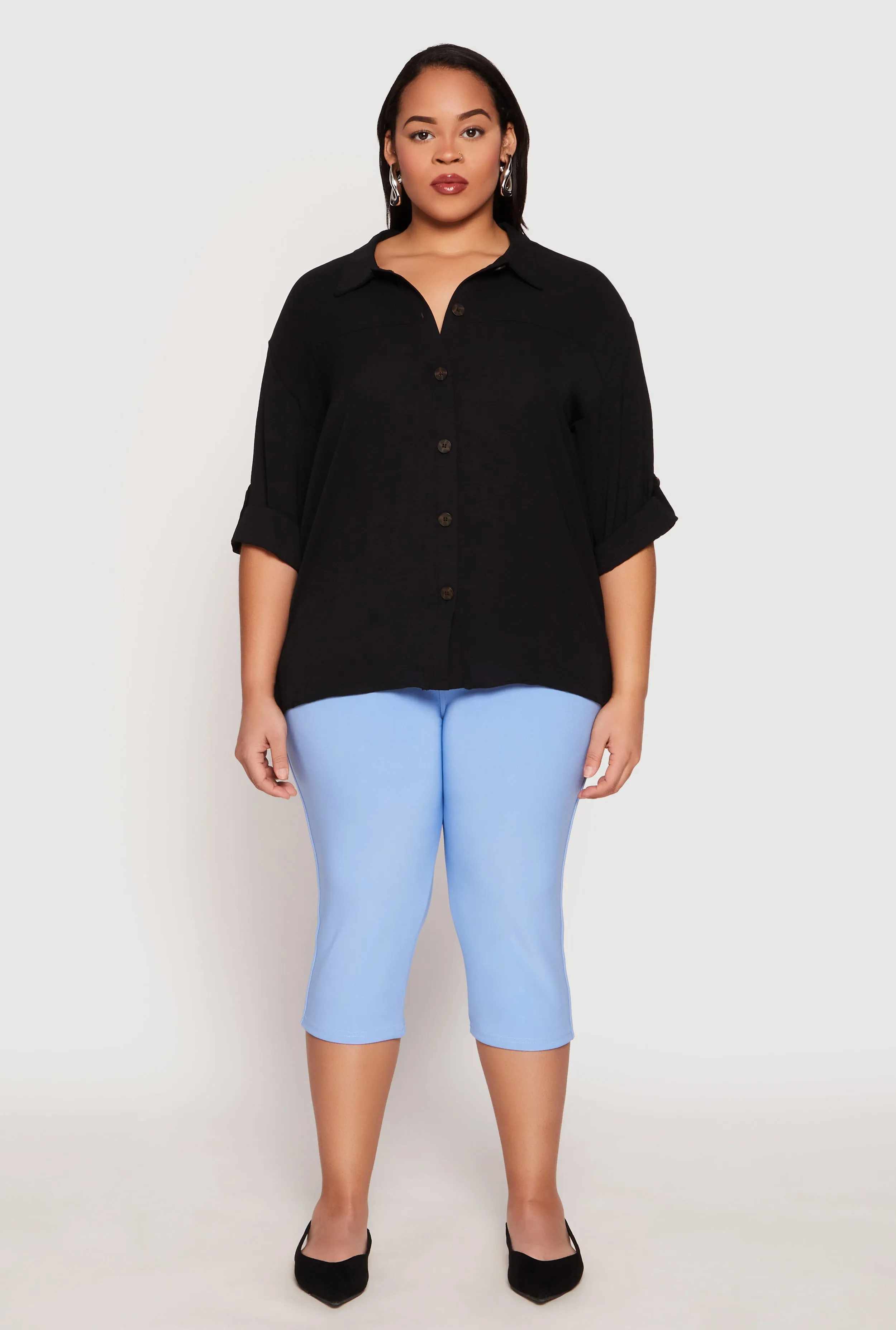 Plus Size Airy Crepe Knit Tabbed Sleeve Shirt sold by Rainbow