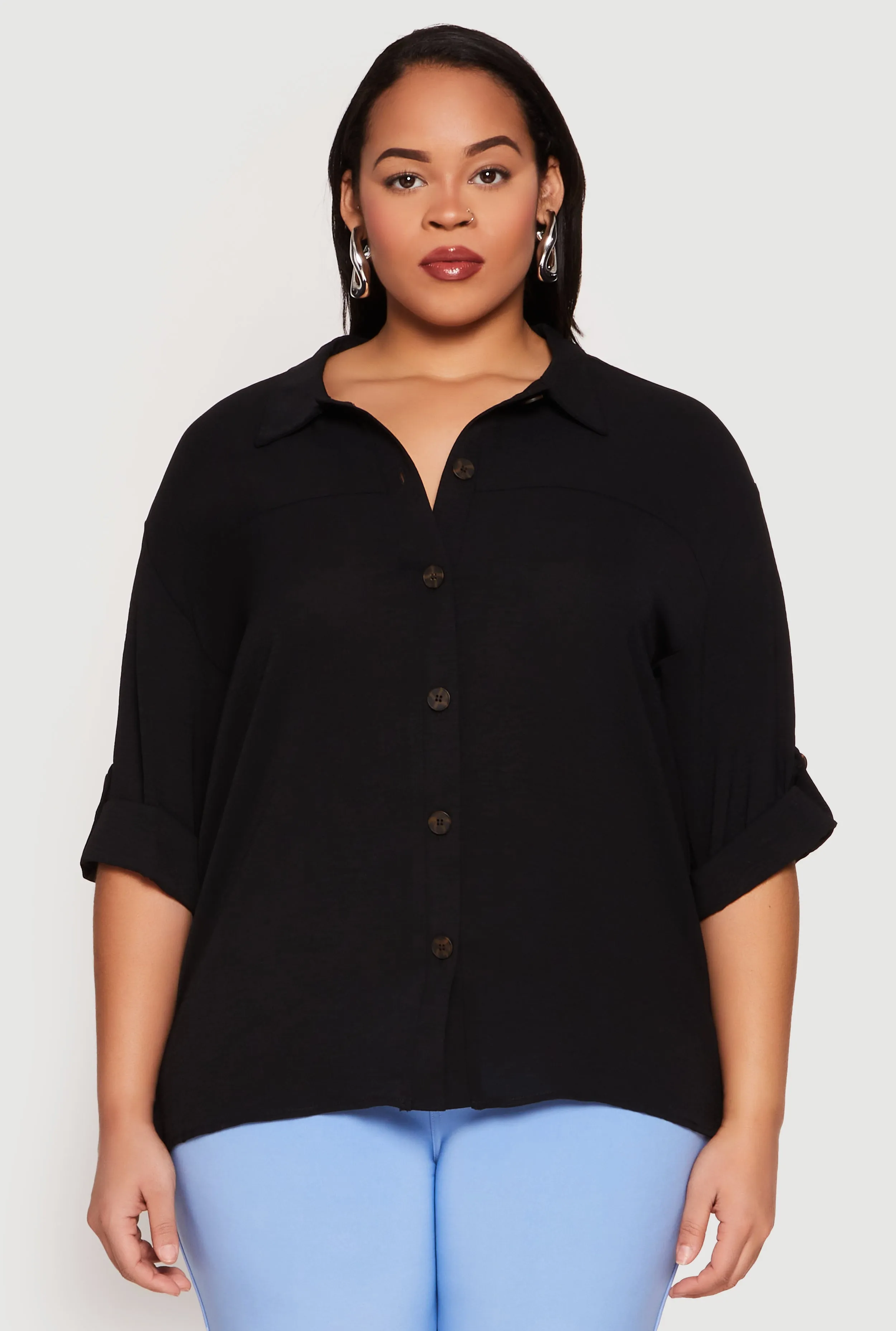 Plus Size Airy Crepe Knit Tabbed Sleeve Shirt sold by Rainbow product image thumbnail 2