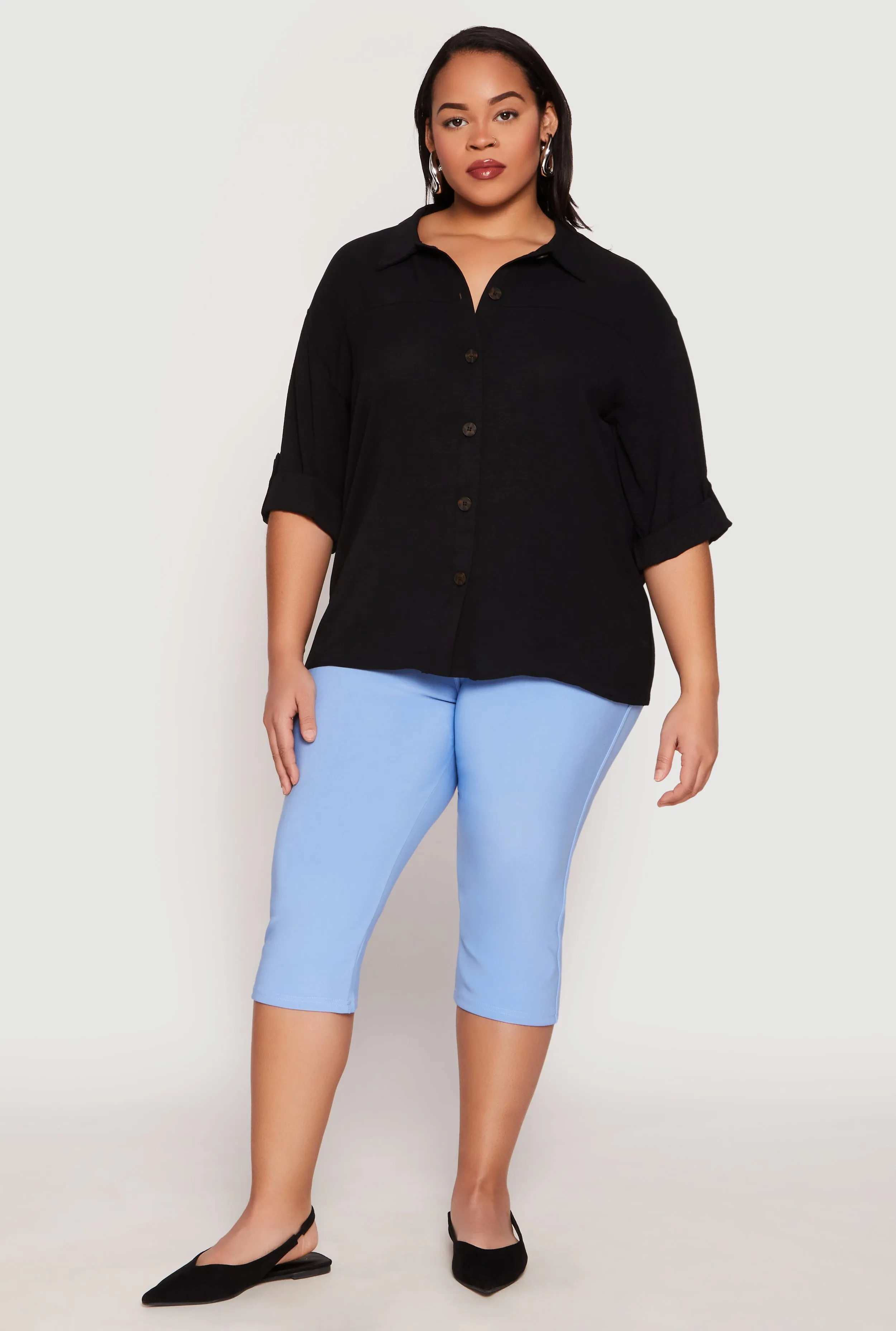 Plus Size Airy Crepe Knit Tabbed Sleeve Shirt sold by Rainbow product image thumbnail 3