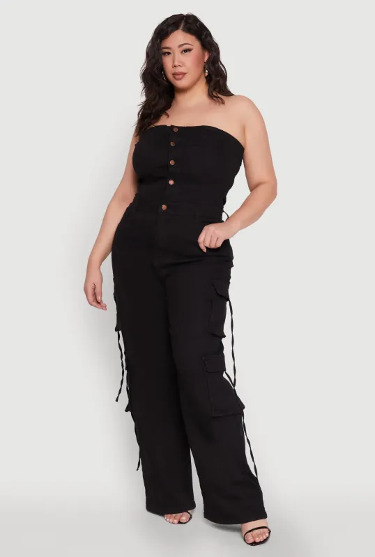 Plus Size Daisy Strapless Denim Cargo Jumpsuit sold by Rainbow