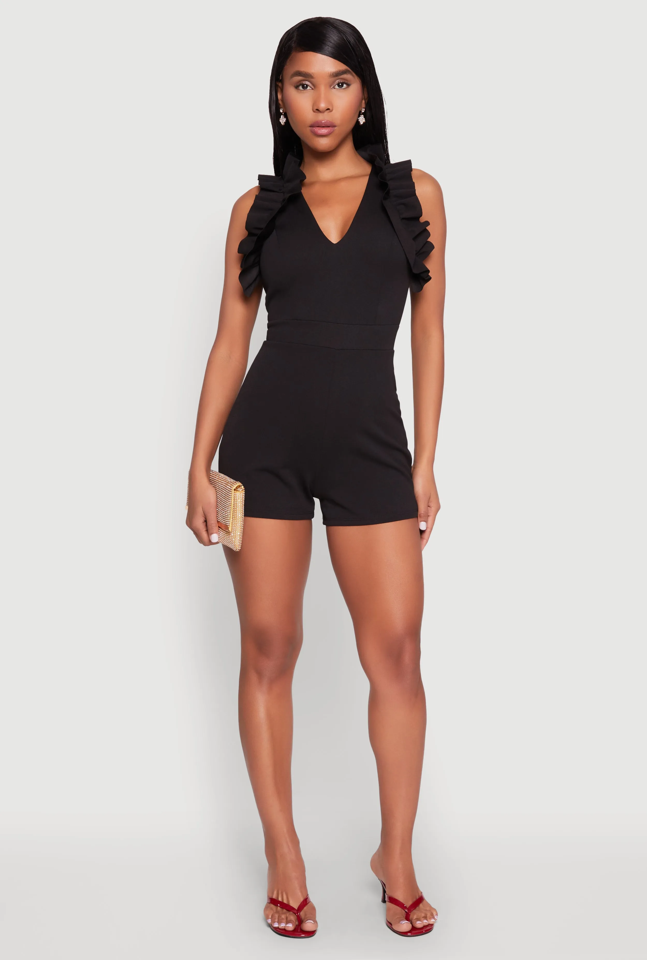 Crepe Knit Ruffle Trim Zip Back Romper sold by Rainbow