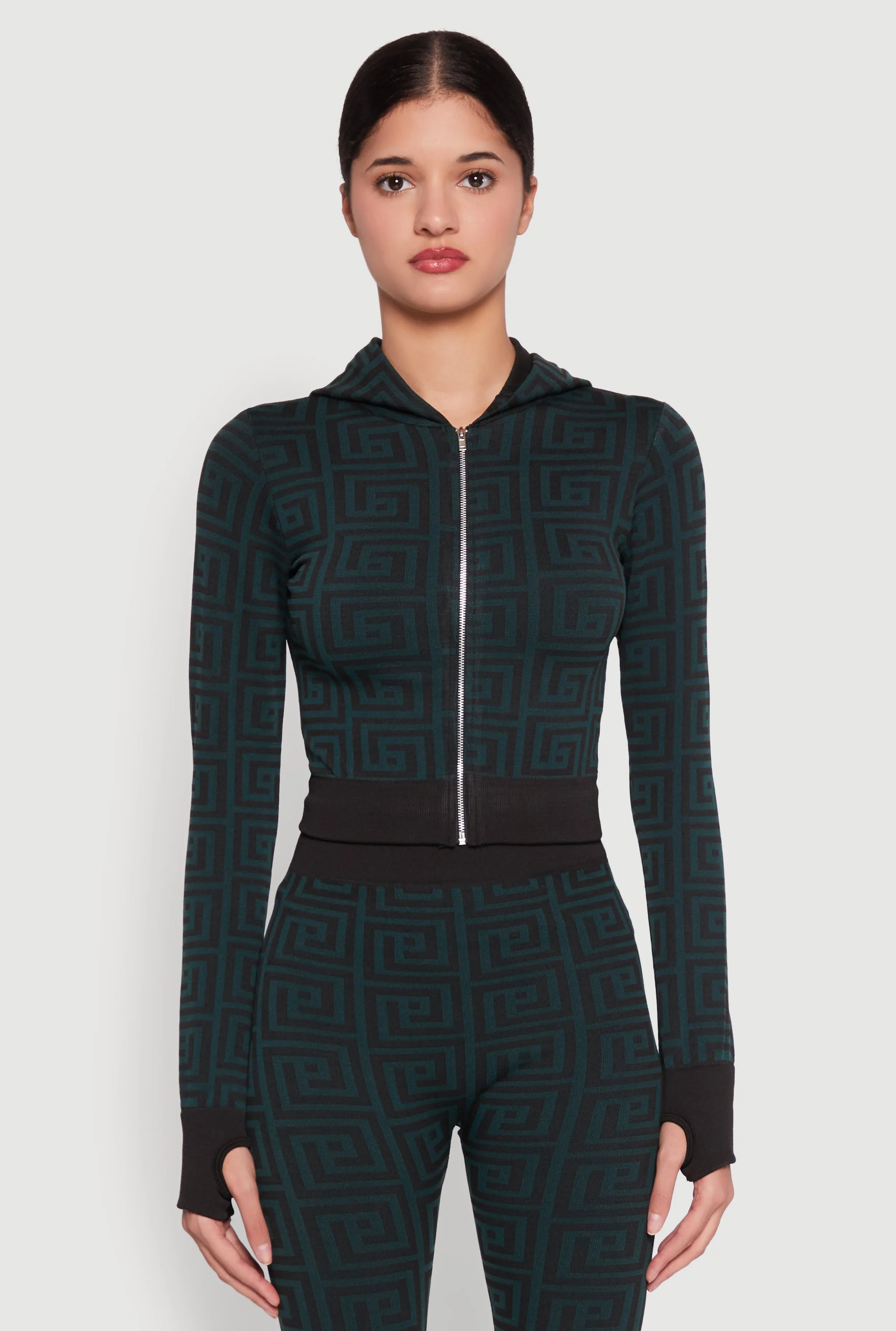 Color Block Greek Key Print Zip Front Hoodie sold by Rainbow