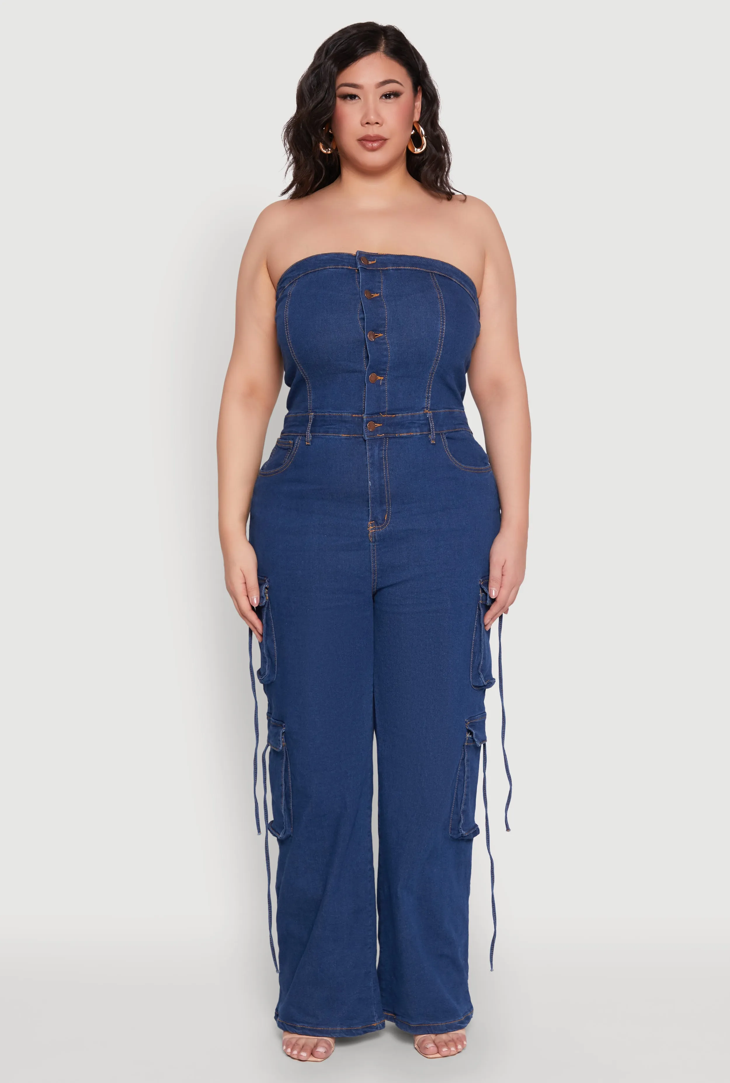 Plus Size Daisy Strapless Denim Cargo Jumpsuit sold by Rainbow