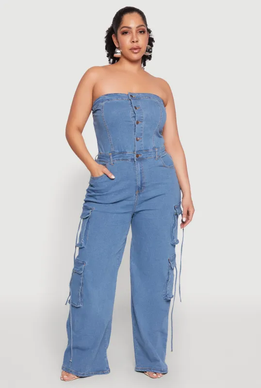 Plus Size Daisy Strapless Denim Cargo Jumpsuit sold by Rainbow