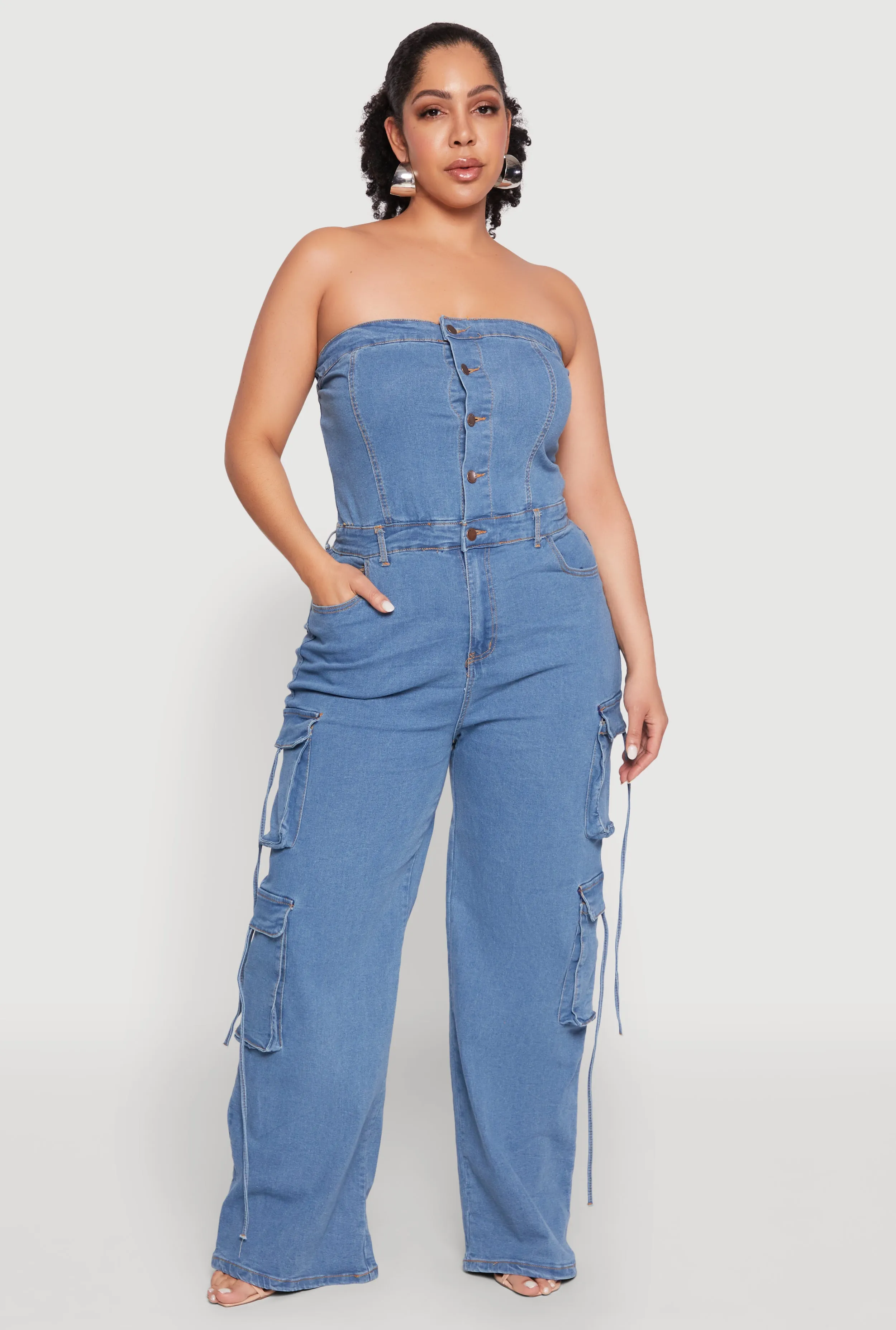 Plus Size Daisy Strapless Denim Cargo Jumpsuit sold by Rainbow