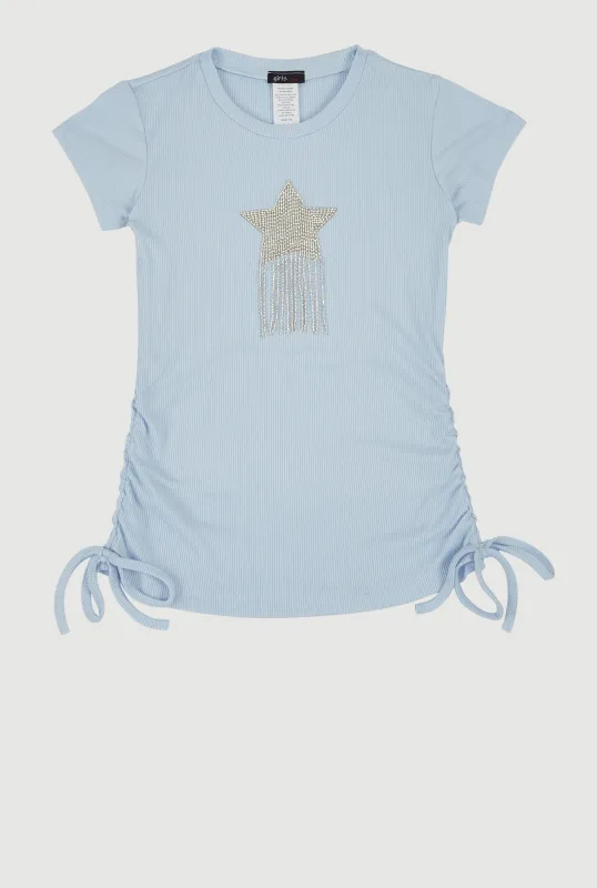 Girls Rhinestone Fringe Star Ruched Top sold by Rainbow