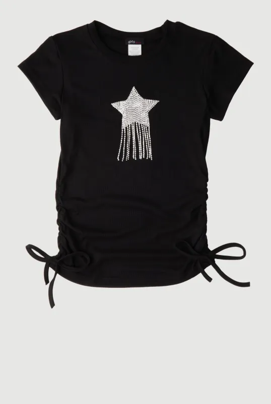 Girls Rhinestone Fringe Star Ruched Top sold by Rainbow