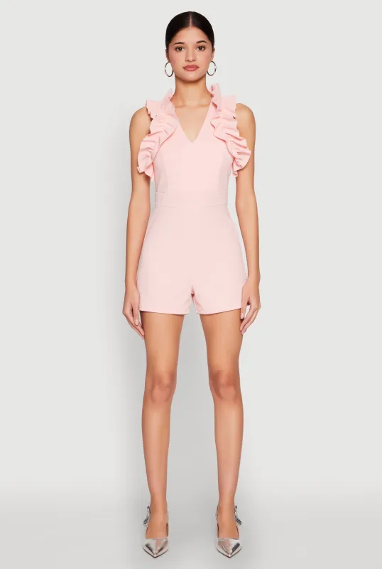 Crepe Knit Ruffle Trim Zip Back Romper sold by Rainbow