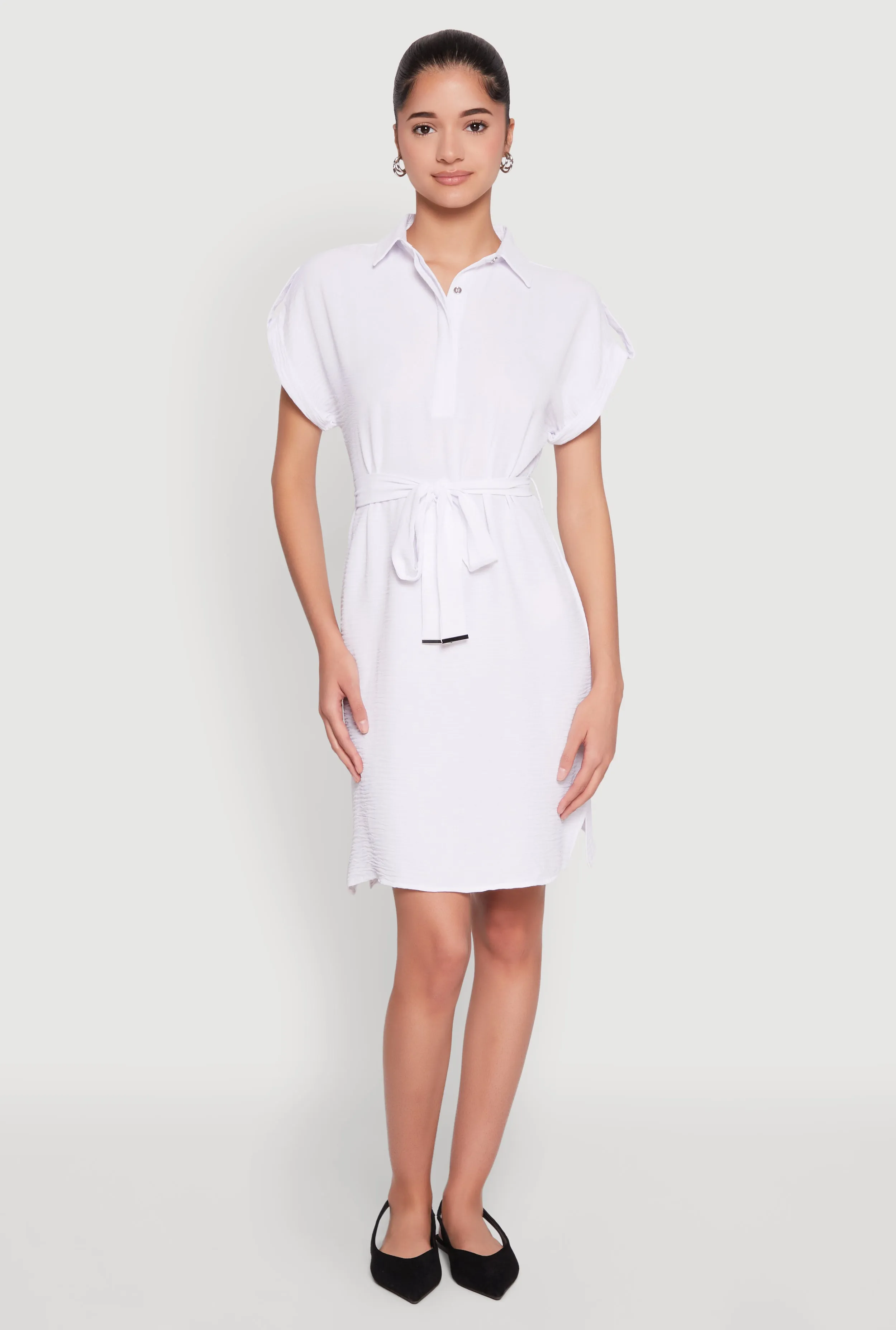 Crepe Knit Tie Waist Belted Shirt Dress sold by Rainbow