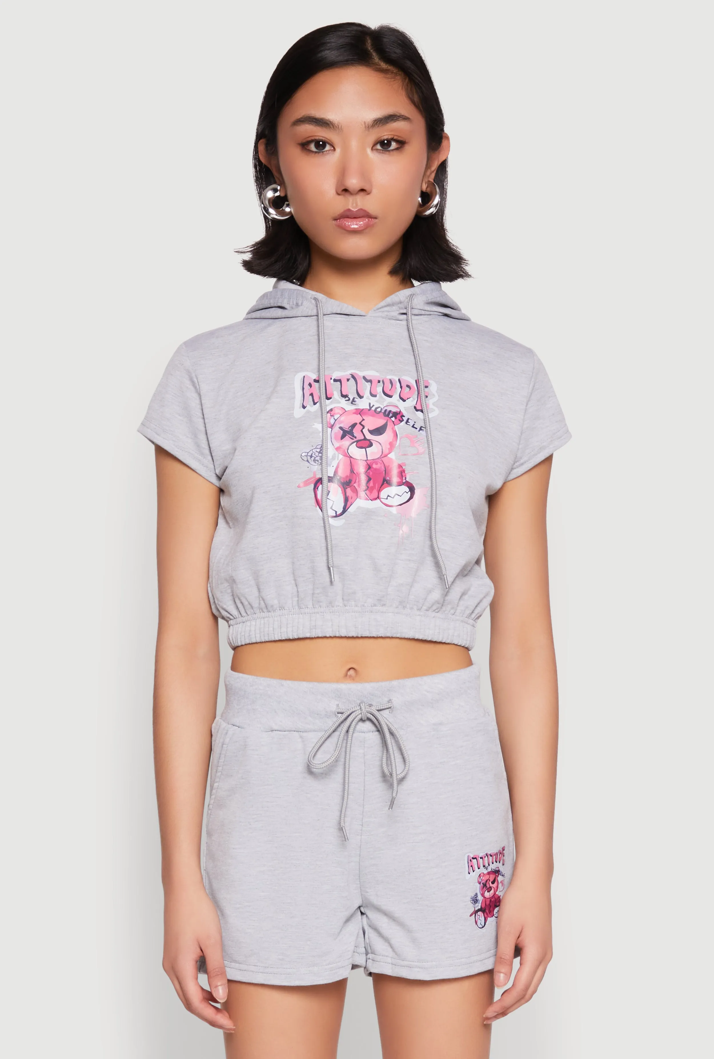 French Terry Bear Graphic Cropped Hoodie sold by Rainbow