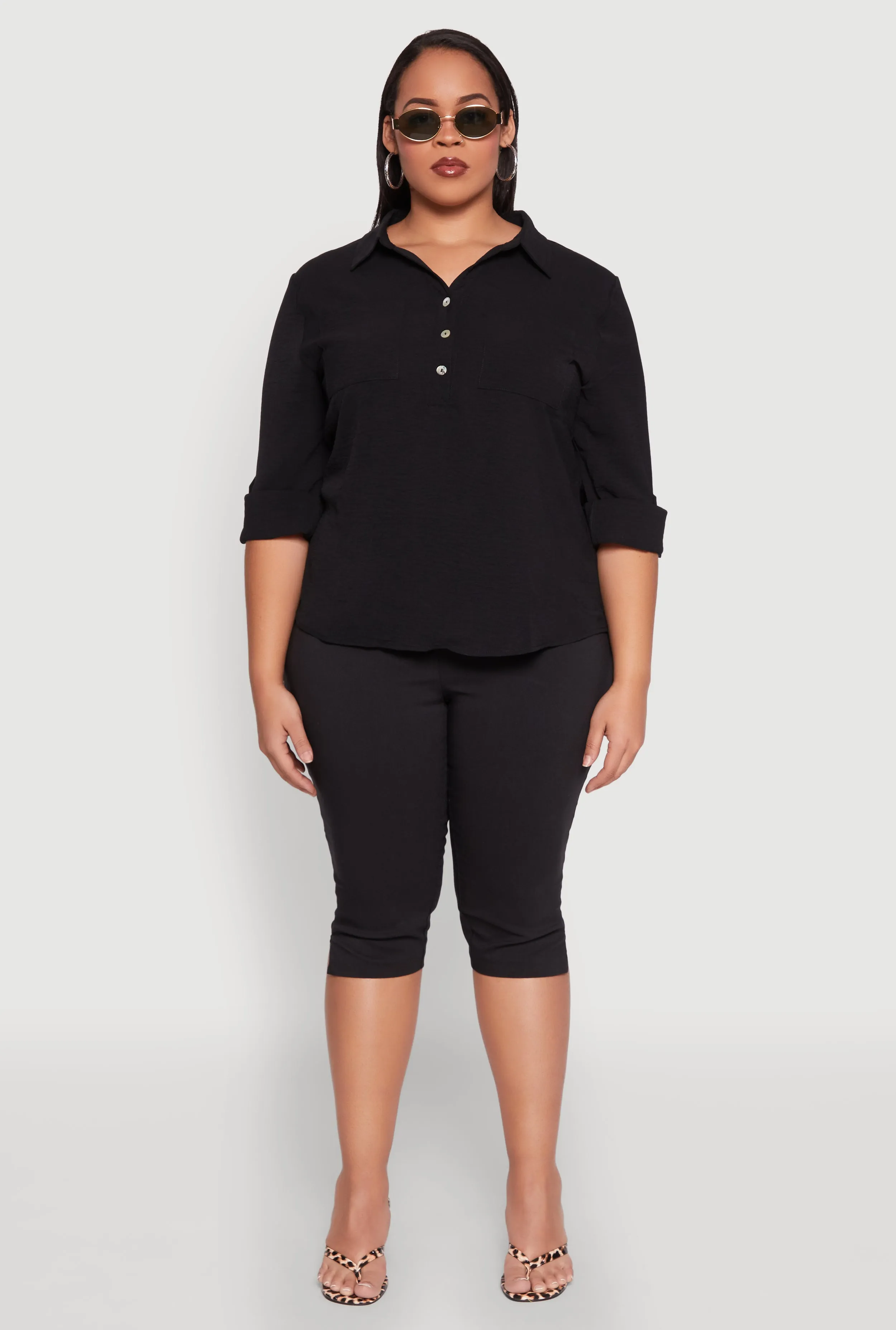 Plus Size Airy Half Button Shirt sold by Rainbow