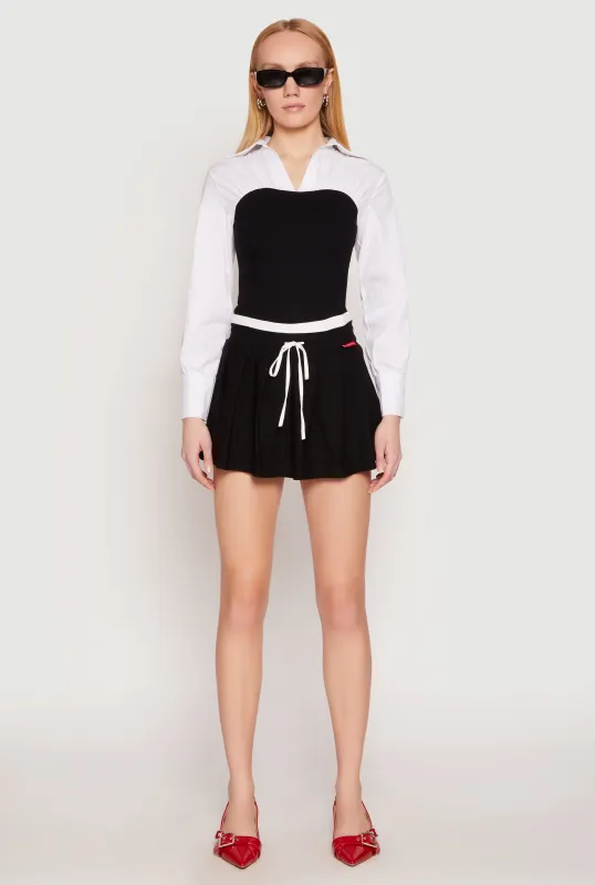 Contrast Waistband Drawstring Pleated Skirt sold by Rainbow