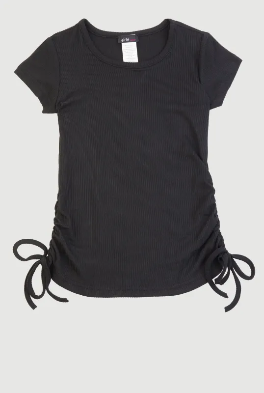 Little Girls Ribbed Knit Side Ruched Tee sold by Rainbow
