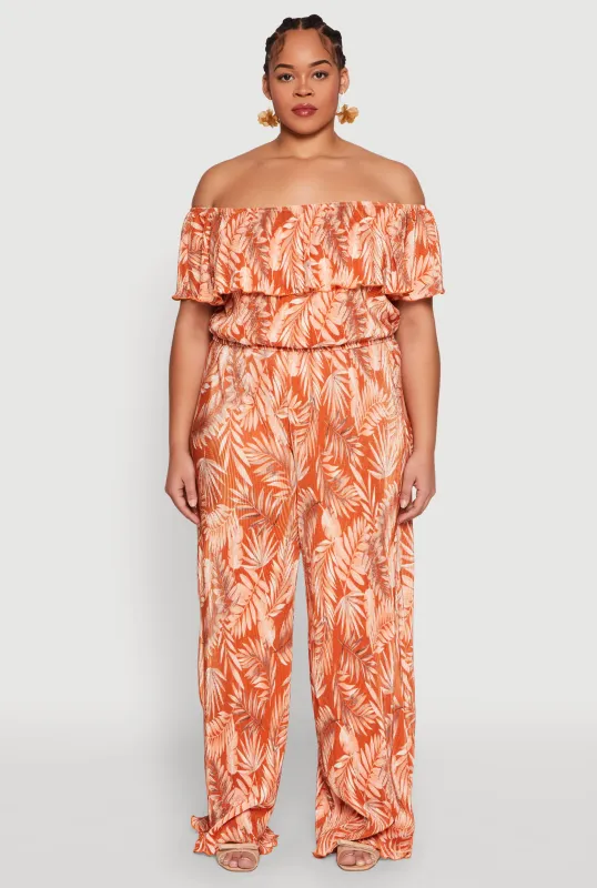 Plus Size Almost Famous Plisse Leaf Print Pants sold by Rainbow