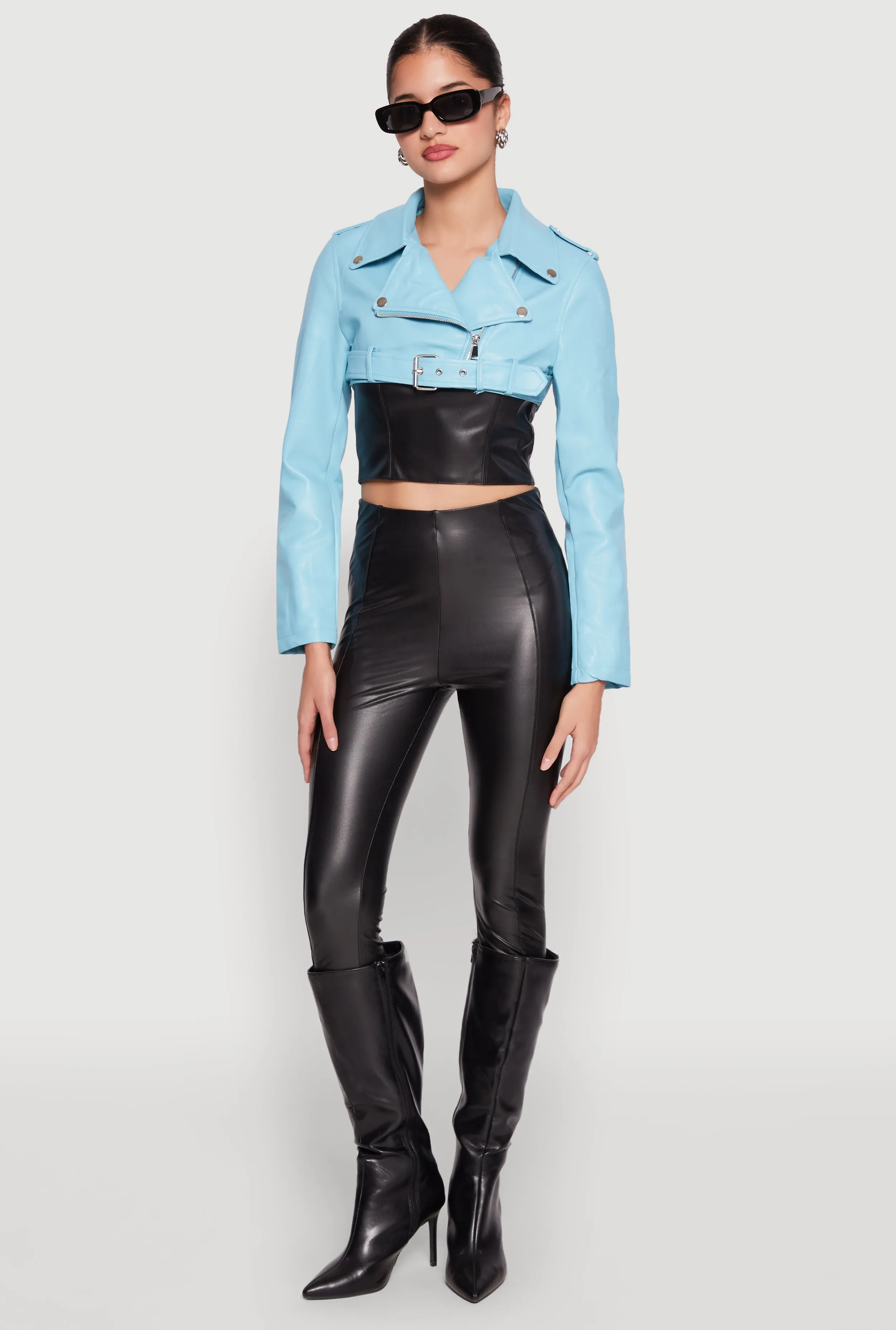 Daisy Faux Leather Belted Front Cropped Moto Jacket sold by Rainbow