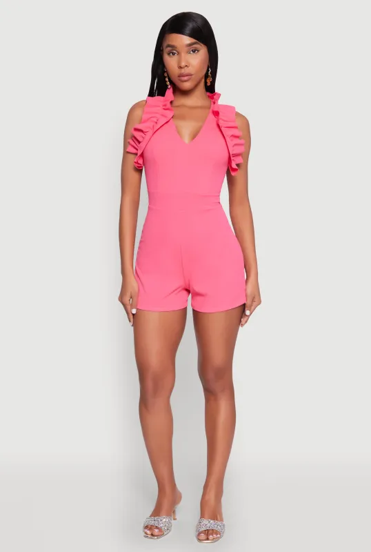 Crepe Knit Ruffle Trim Zip Back Romper sold by Rainbow