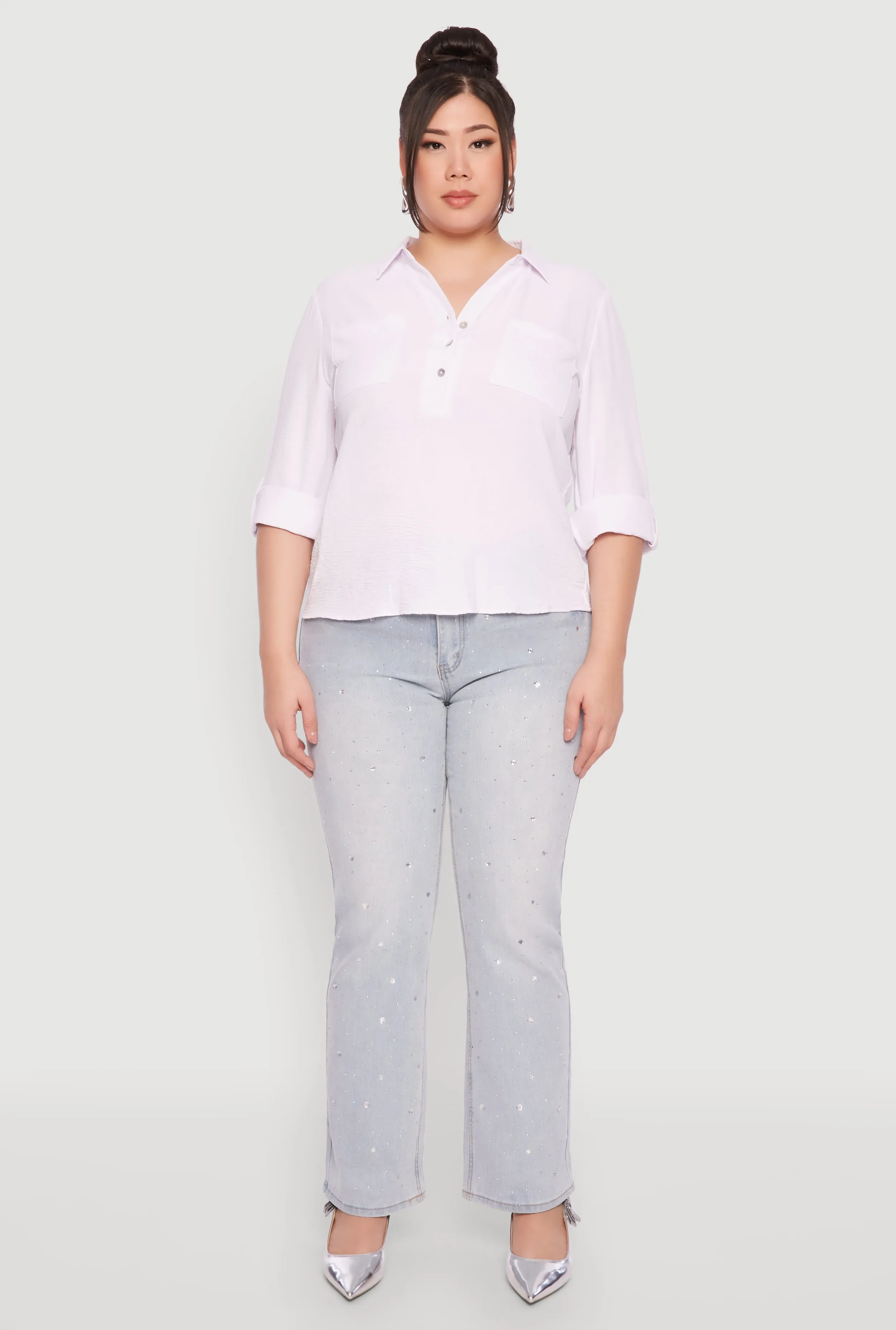 Plus Size Airy Half Button Shirt sold by Rainbow