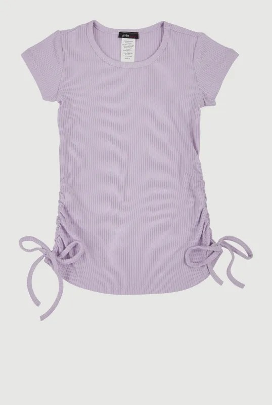 Little Girls Ribbed Knit Side Ruched Tee sold by Rainbow