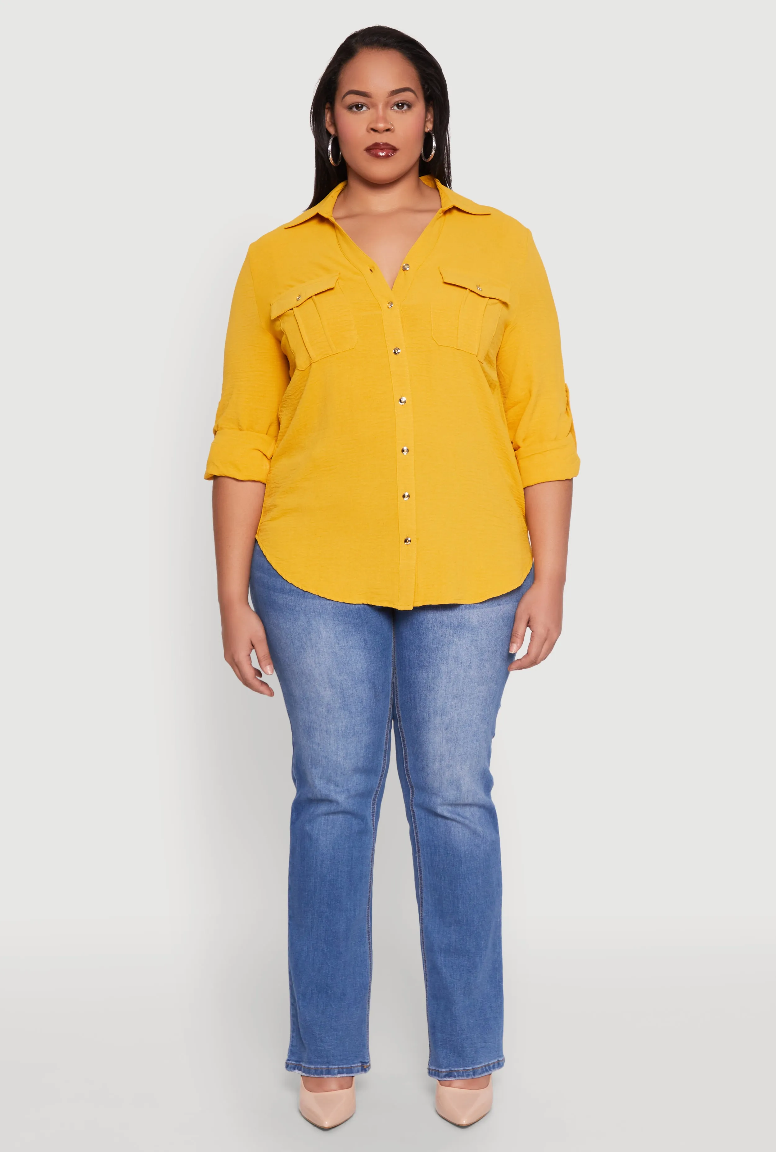 Plus Size Airy Tabbed Sleeve Shirt sold by Rainbow