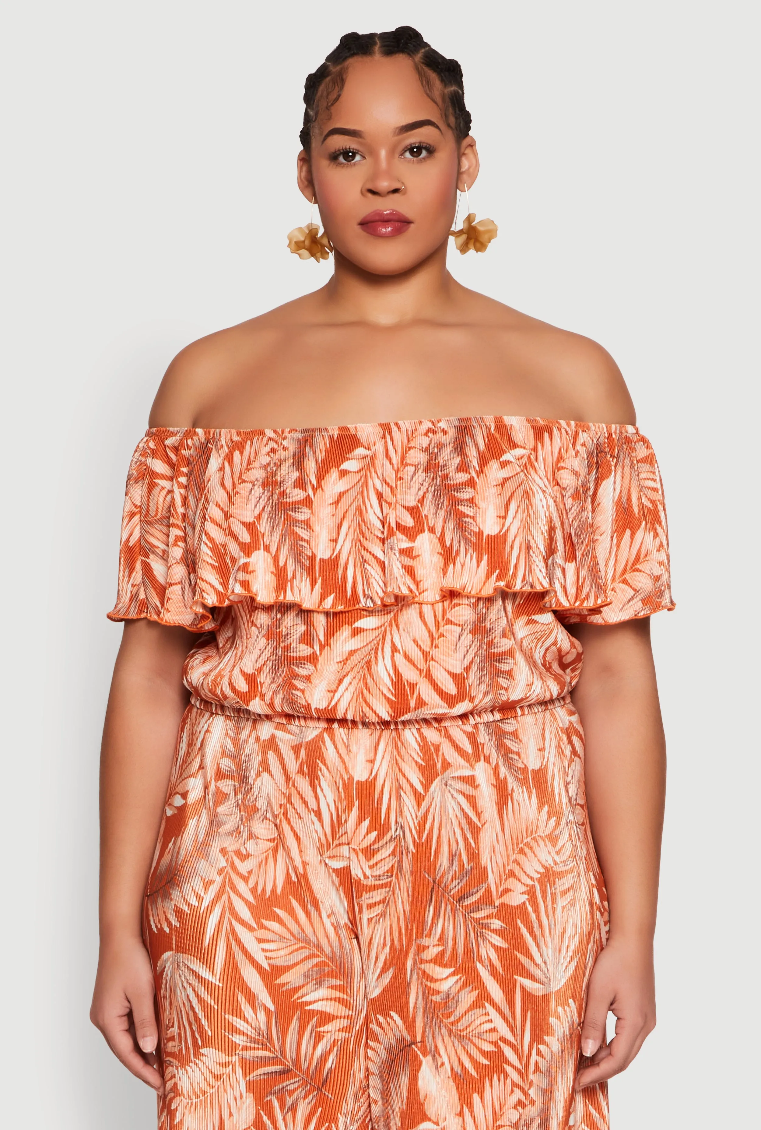 Plus Size Almost Famous Leaf Print Off the Shoulder Top sold by Rainbow