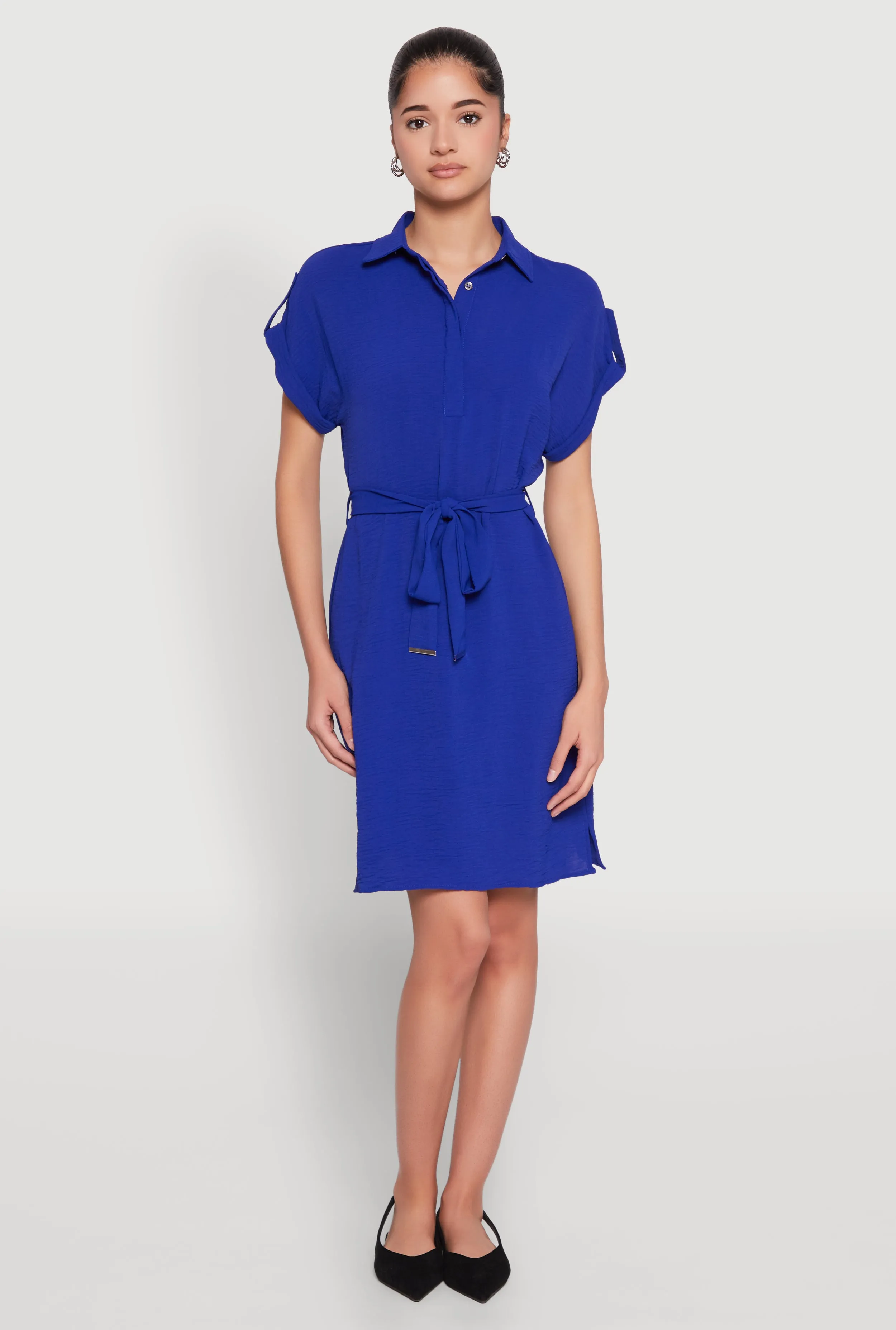 Crepe Knit Tie Waist Belted Shirt Dress sold by Rainbow