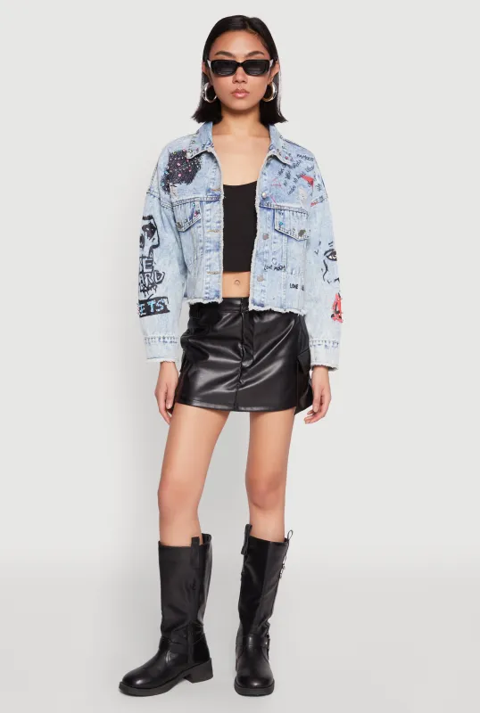 Daisy Gemstone Studded Graffiti Denim Jacket sold by Rainbow