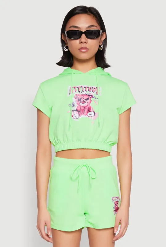 French Terry Bear Graphic Cropped Hoodie sold by Rainbow