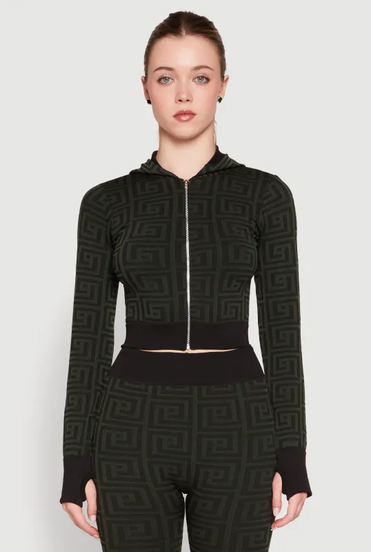 Color Block Greek Key Print Zip Front Hoodie sold by Rainbow