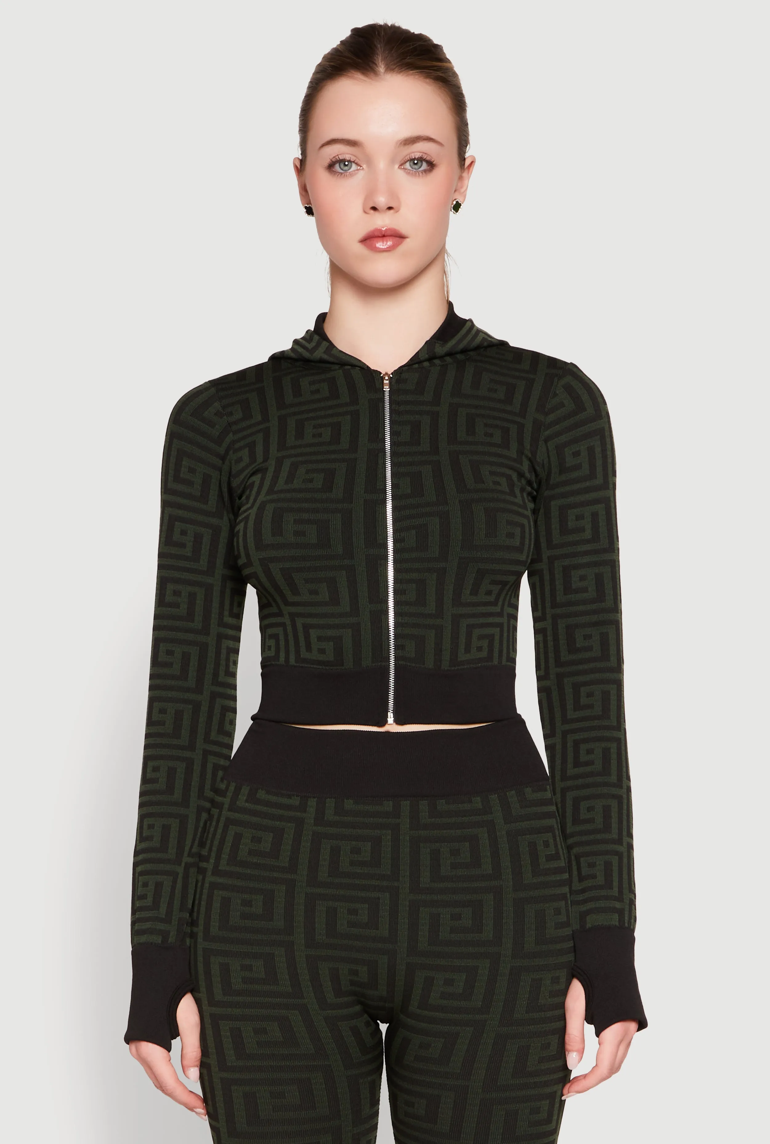 Color Block Greek Key Print Zip Front Hoodie sold by Rainbow