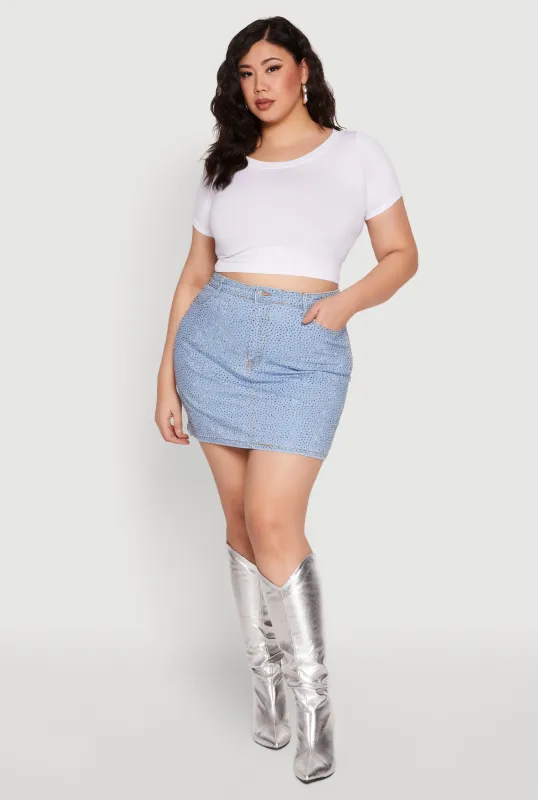 Plus Size Daisy Rhinestone Studded Mini Denim Skirt sold by Rainbow