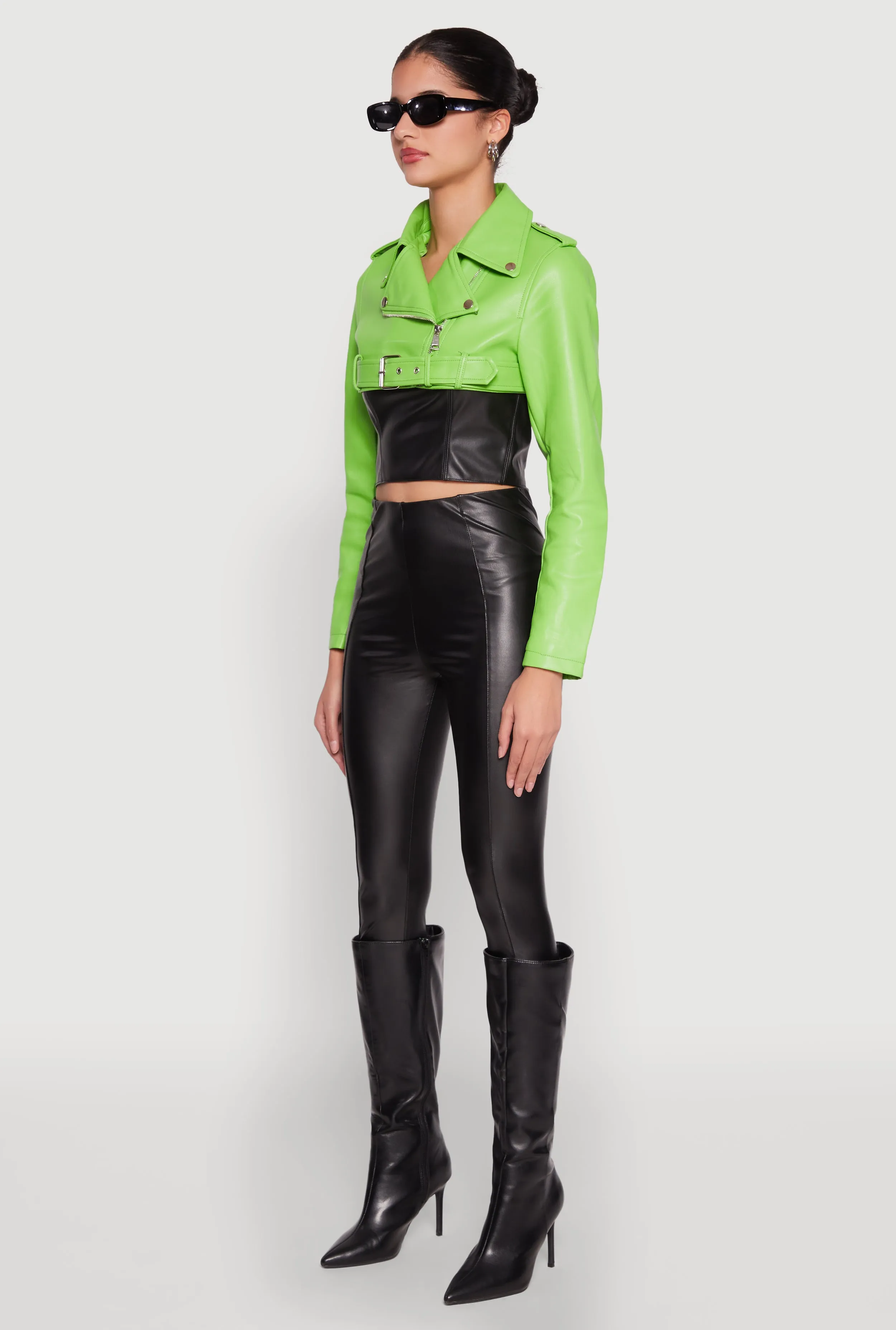 Daisy Faux Leather Belted Front Cropped Moto Jacket sold by Rainbow product image thumbnail 5