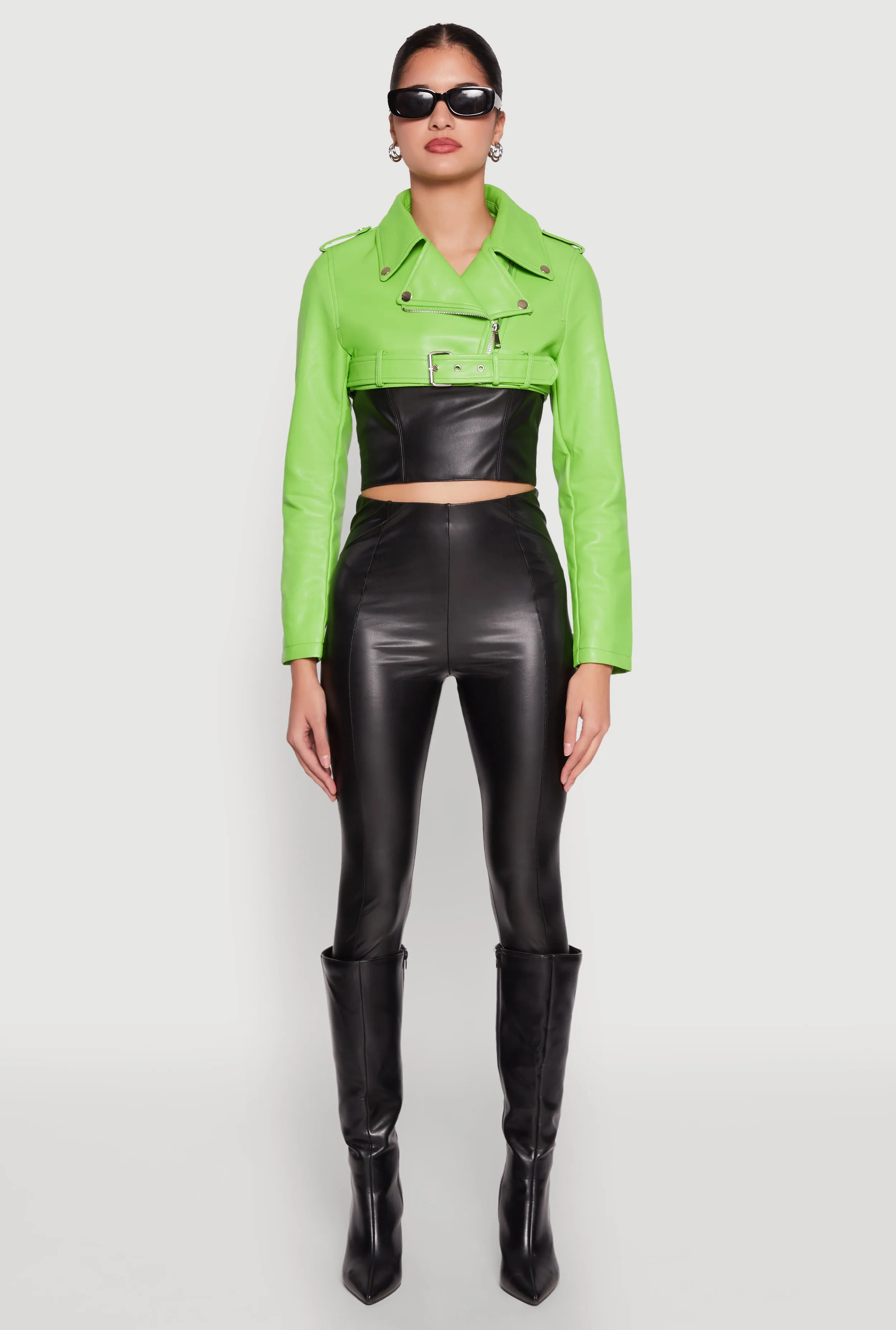 Daisy Faux Leather Belted Front Cropped Moto Jacket sold by Rainbow product image thumbnail 3