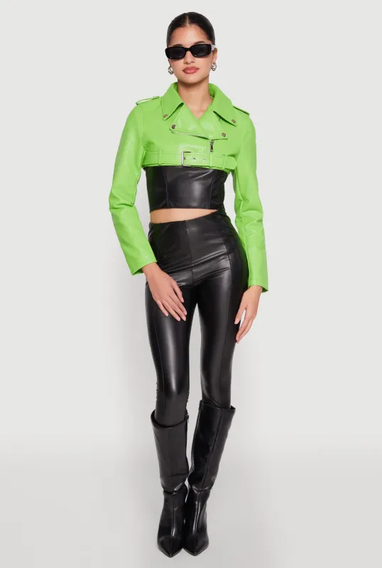 Daisy Faux Leather Belted Front Cropped Moto Jacket sold by Rainbow