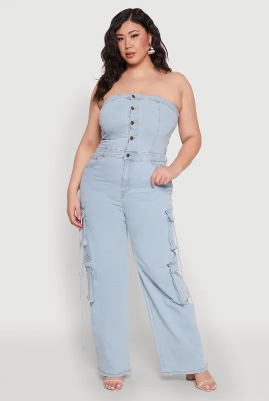 Plus Size Daisy Strapless Denim Cargo Jumpsuit sold by Rainbow