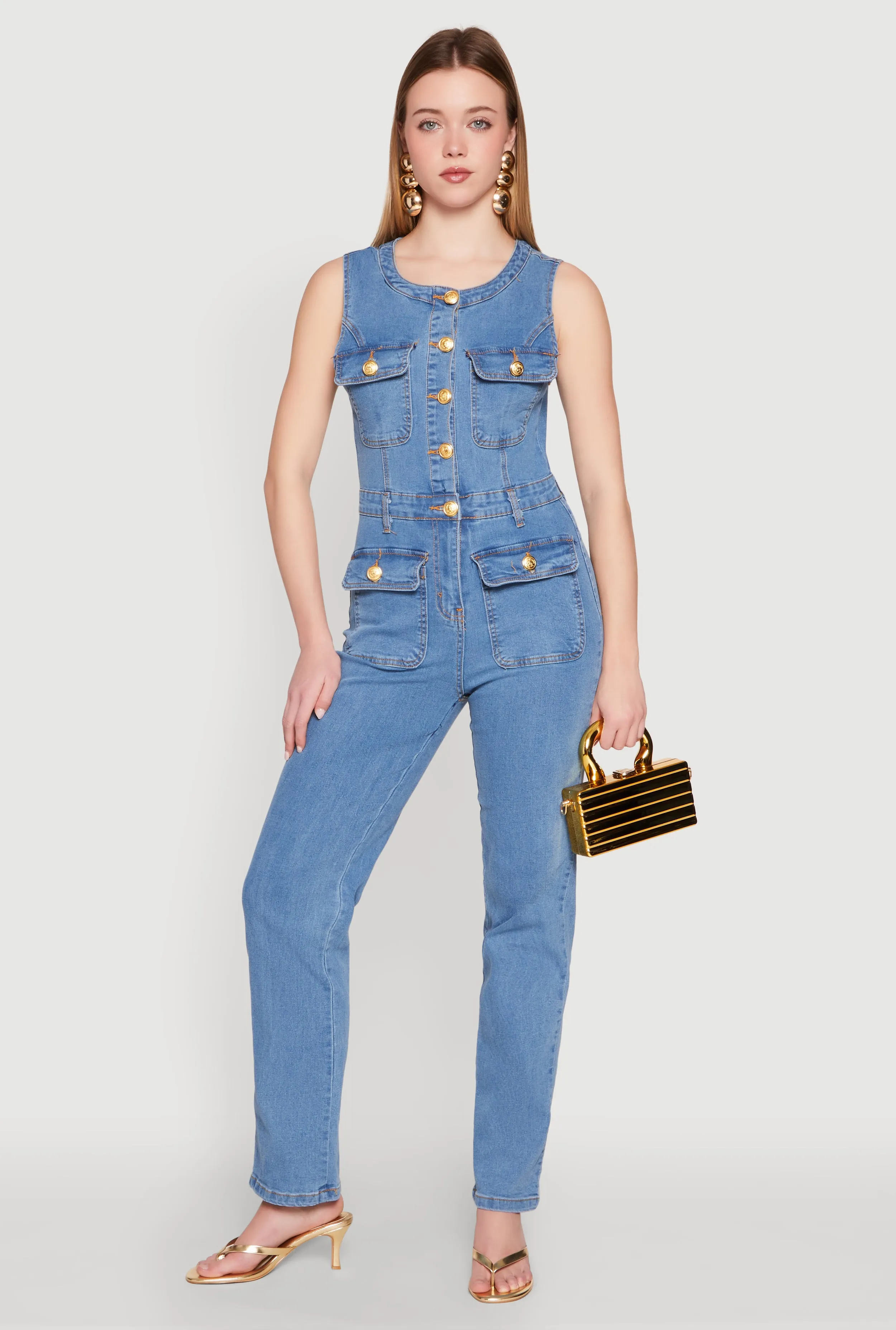 Daisy Sleeveless Button Front Denim Jumpsuit sold by Rainbow