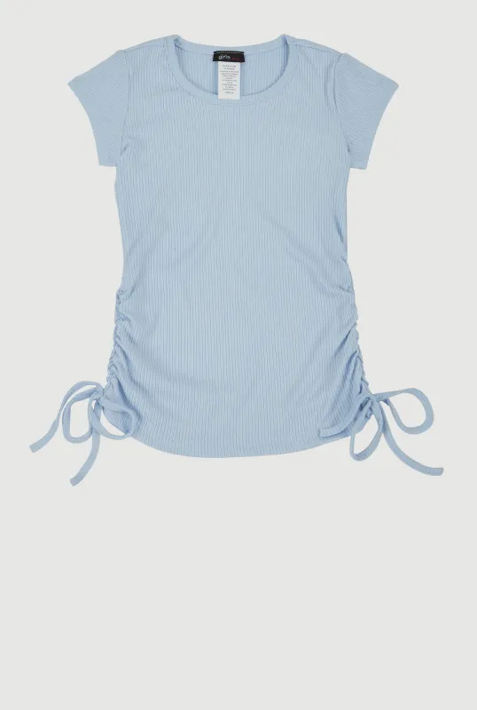 Little Girls Ribbed Knit Side Ruched Tee sold by Rainbow