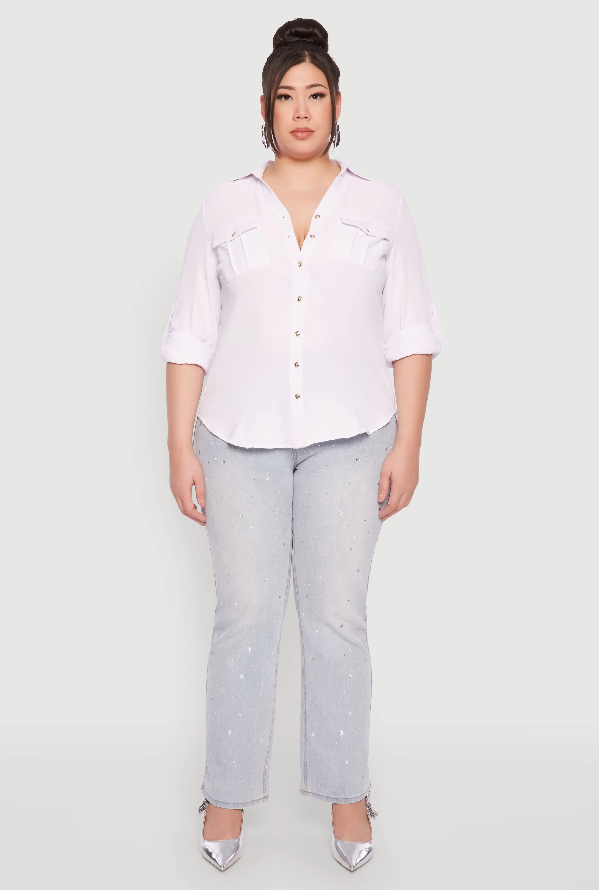 Plus Size Airy Tabbed Sleeve Shirt sold by Rainbow