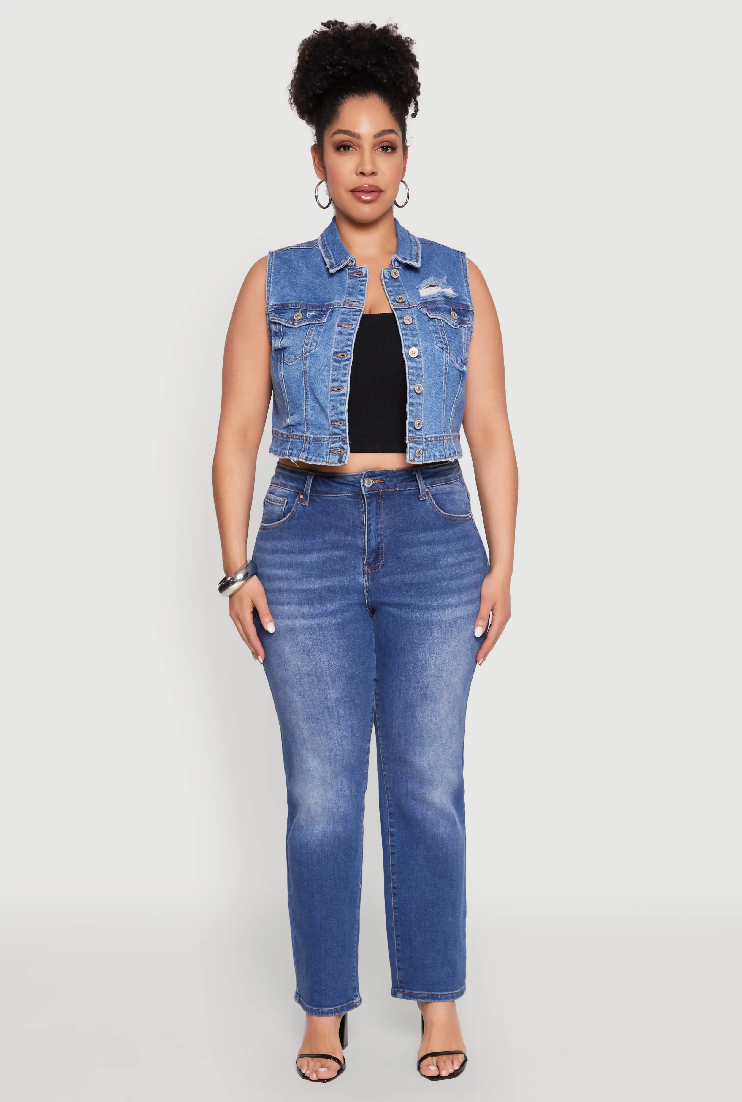 Plus Size WAX Distressed Denim Vest sold by Rainbow