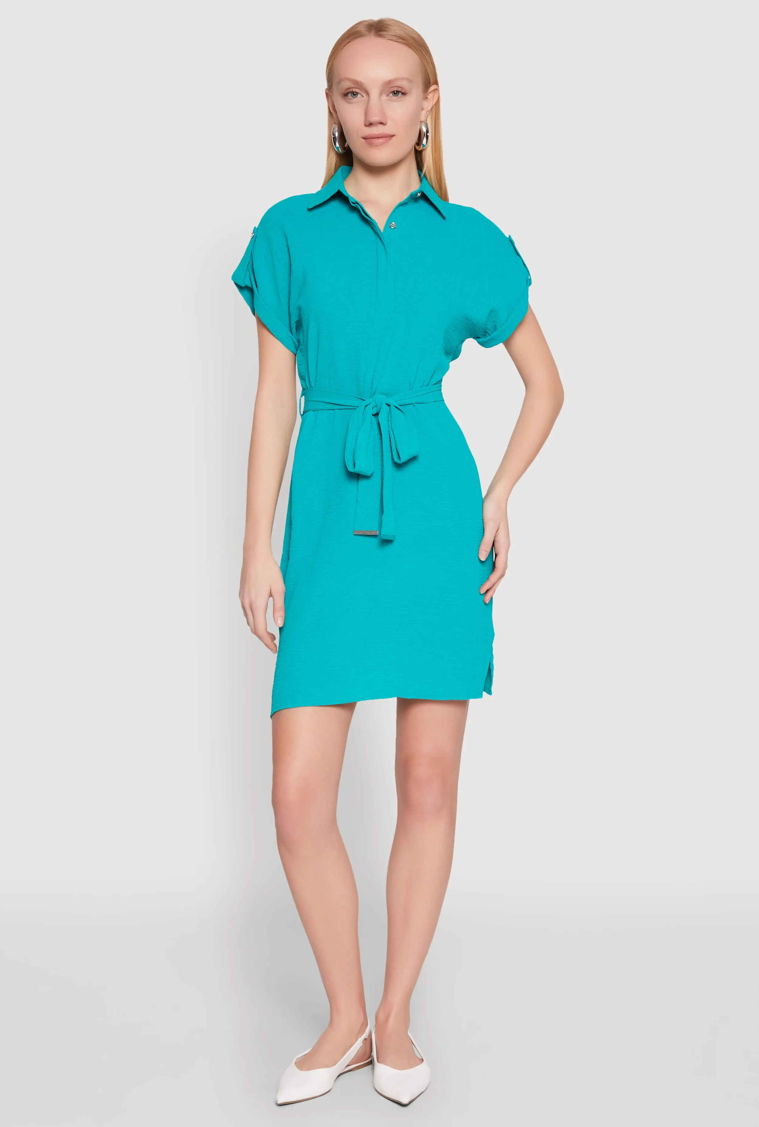 Crepe Knit Tie Waist Belted Shirt Dress sold by Rainbow