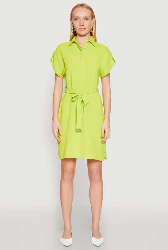 Crepe Knit Tie Waist Belted Shirt Dress sold by Rainbow