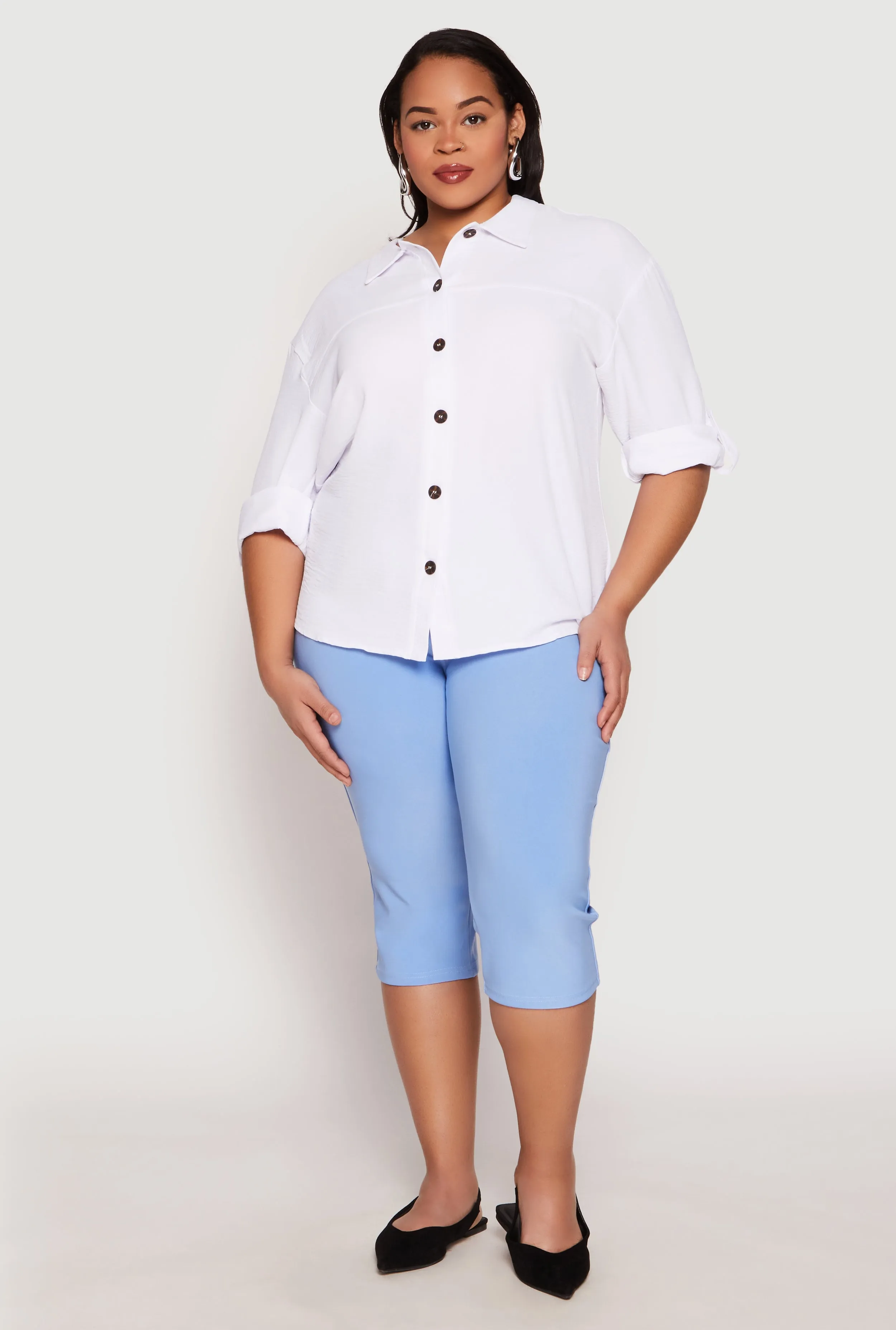 Plus Size Airy Crepe Knit Tabbed Sleeve Shirt sold by Rainbow product image thumbnail 3