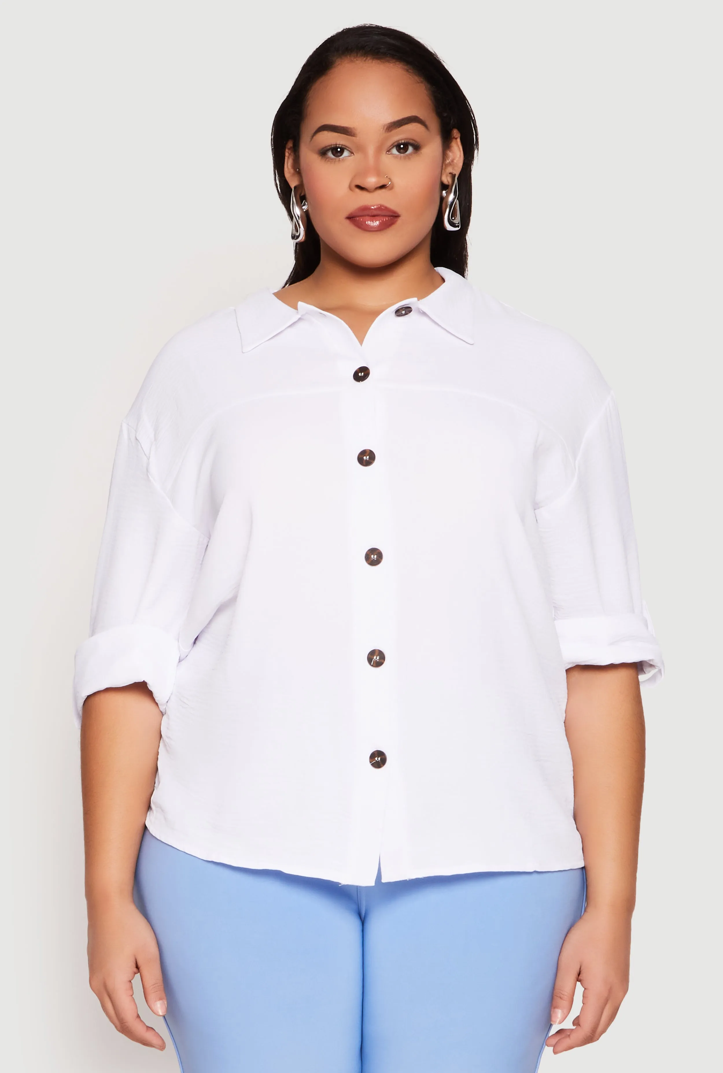 Plus Size Airy Crepe Knit Tabbed Sleeve Shirt sold by Rainbow product image thumbnail 2