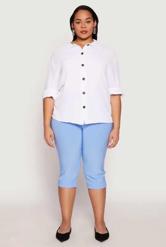 Plus Size Airy Crepe Knit Tabbed Sleeve Shirt sold by Rainbow