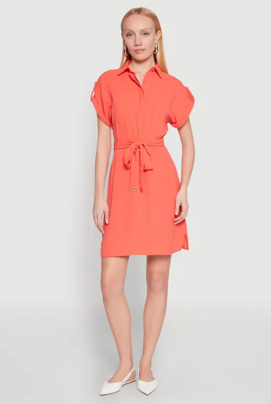 Crepe Knit Tie Waist Belted Shirt Dress sold by Rainbow