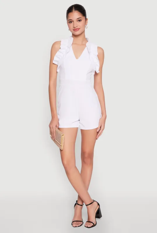 Crepe Knit Ruffle Trim Zip Back Romper sold by Rainbow