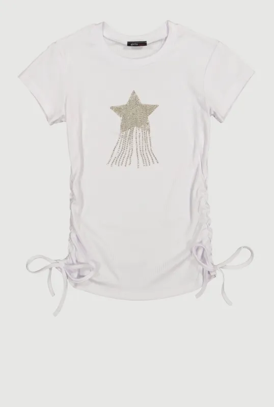 Girls Rhinestone Fringe Star Ruched Top sold by Rainbow